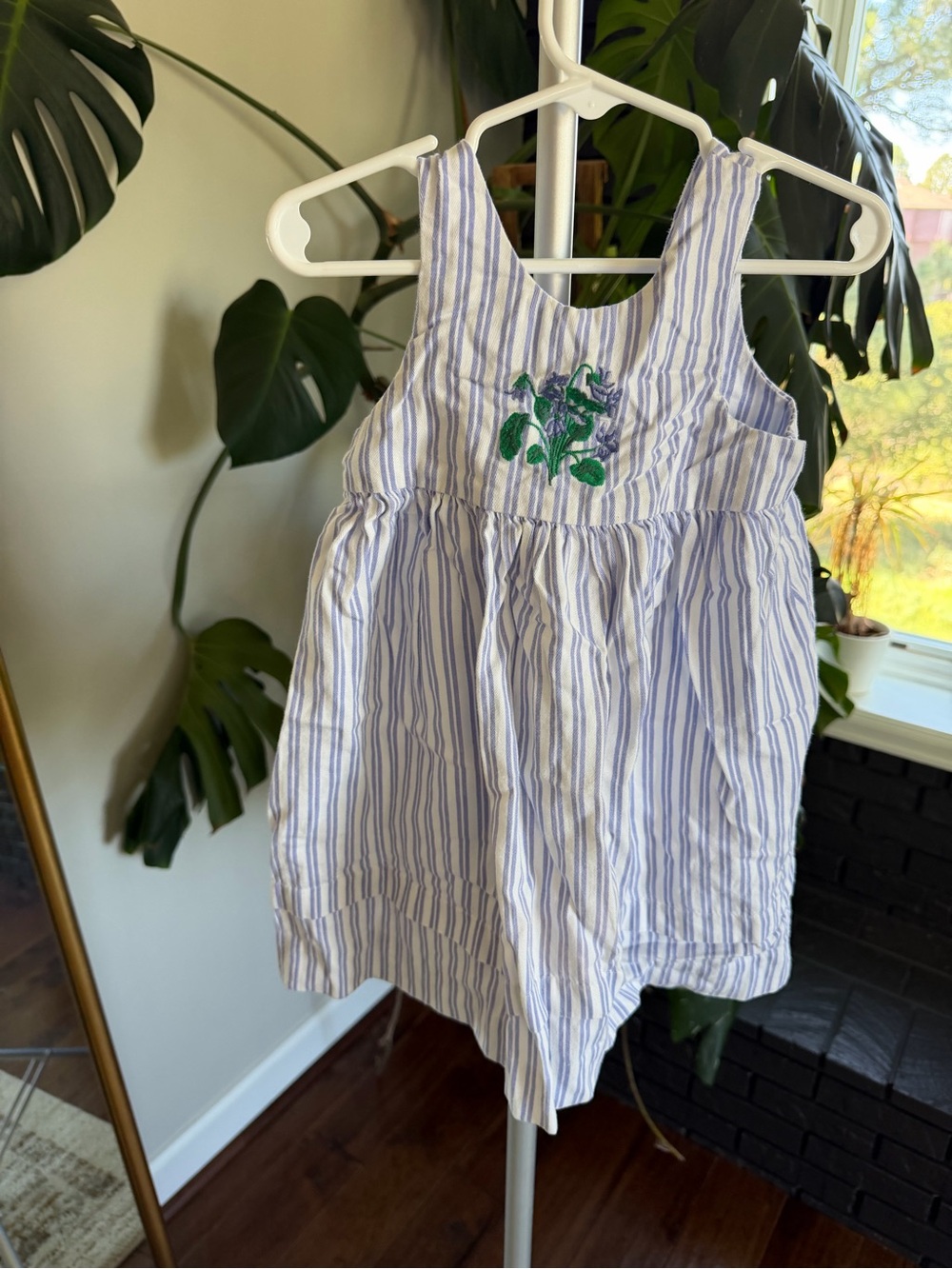 Vintage 90s Hartstrings Girls 3T Blue White Stripe Embroidered Floral Dress USA